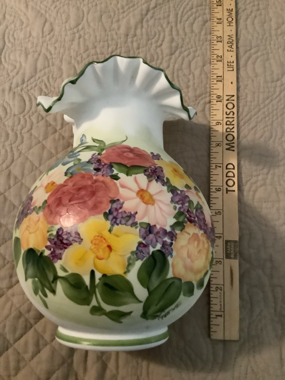 Mosser Hand-Painted Floral Glass Vase in White with Multicolor Blossoms